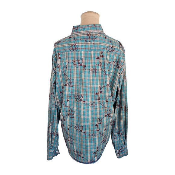 George Roth Floral Embroidered Blue Plaid Button Up Sz XL - Picture 6 of 11